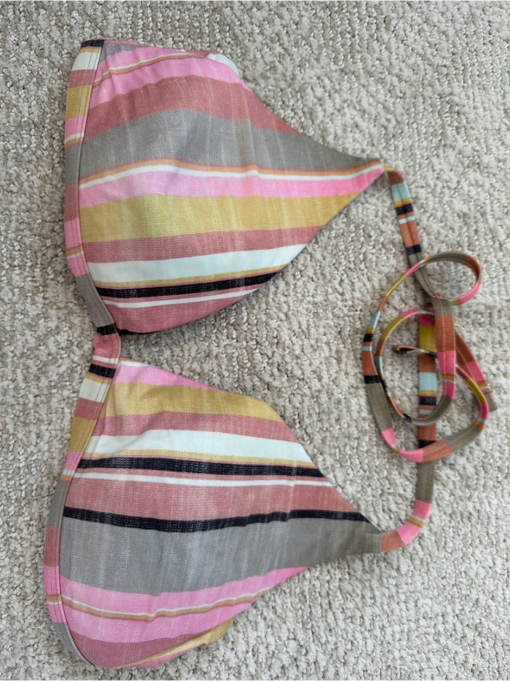 Prana Multistripe Triangle Bikini Top in Pink, Green, Black & Blue.